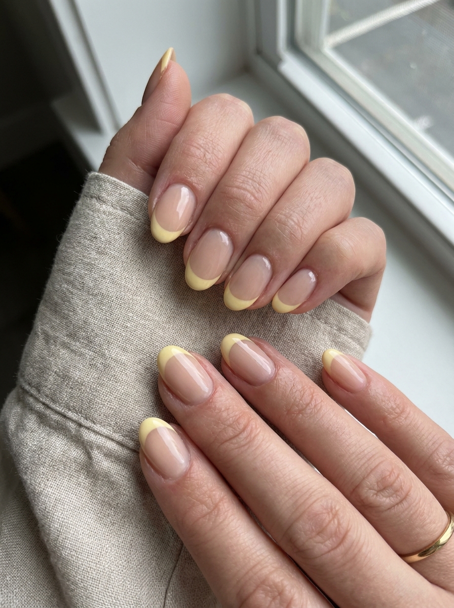 Butter Yellow French Tips auf gepflegten ovalen Nägeln